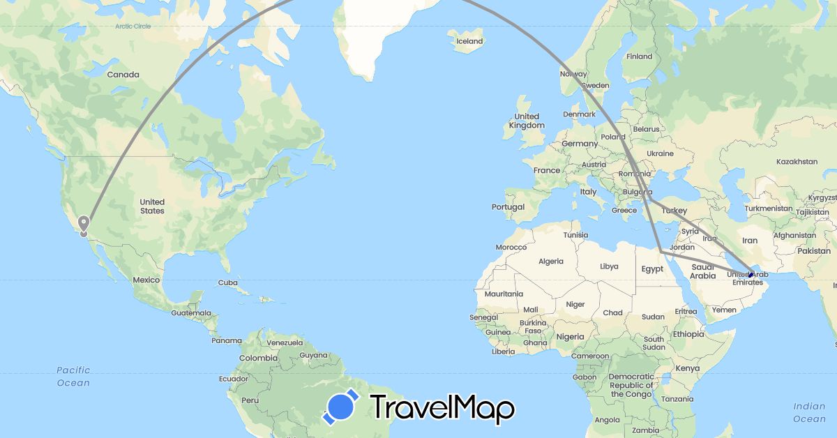 TravelMap itinerary: driving, plane in United Arab Emirates, Egypt, Poland, Qatar, Turkey, United States (Africa, Asia, Europe, North America)