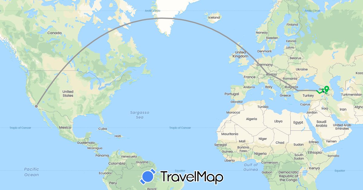 TravelMap itinerary: driving, bus, plane in Armenia, Germany, Georgia, Turkey, United States (Asia, Europe, North America)