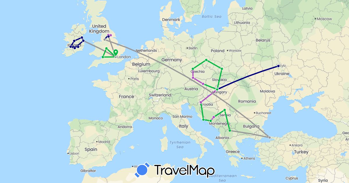 TravelMap itinerary: driving, bus, plane, train in Austria, Bosnia and Herzegovina, Czech Republic, United Kingdom, Croatia, Hungary, Ireland, Macedonia, Poland, Serbia, Turkey, Ukraine (Asia, Europe)