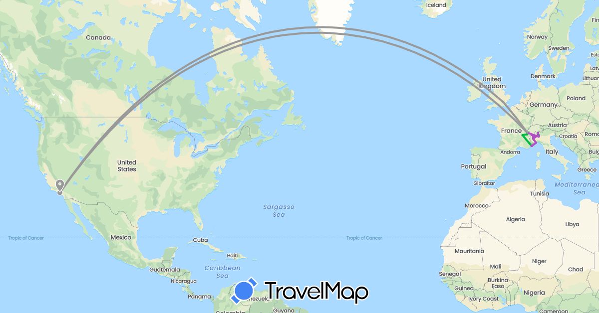 TravelMap itinerary: driving, bus, plane, train in Switzerland, France, United Kingdom, Italy, Monaco, United States (Europe, North America)