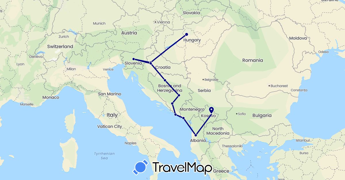 TravelMap itinerary: driving in Albania, Bosnia and Herzegovina, Croatia, Hungary, Montenegro, Slovenia, Kosovo (Europe)